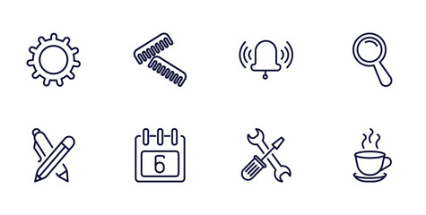 set of tools and utensils thin line icons. tools and utensils outline icons such as , combs, magnifier, writing tool, calendar with six days, reparation, cup of hot coffee vector.
