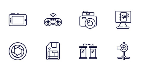 set of technology thin line icons. technology outline icons such as horizontal tablet, wireless gadget, email agenda, camera shutter, big floppy disk, teletransportation, pitching hine vector.