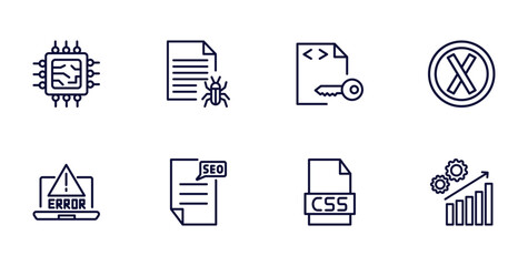 set of information technology thin line icons. information technology outline icons such as hardware, bug report, error, program error, seo report, css file format, seo growth vector.