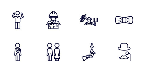 set of people thin line icons. people outline icons such as success man happy, architech working, elegance, bestman, woman and man partners, witch flying broom, sir vector.