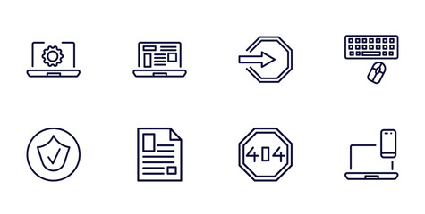 set of information technology thin line icons. information technology outline icons such as software, program interface, keyboard and mouse, authorize, article, error 404, cross-platform vector.