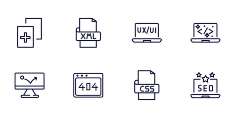 set of information technology thin line icons. information technology outline icons such as duplicate, xml, clean code, advertising bounce, 404 error, css, seo reputation vector.