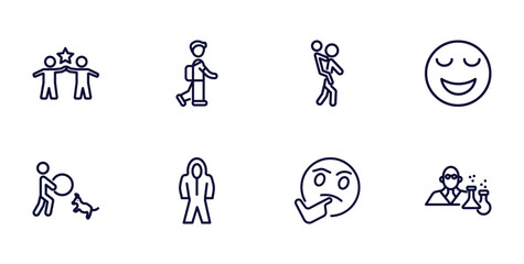 set of people thin line icons. people outline icons such as succes team, children in school, relieved smile, dog trainer, protective suit, thinking smile, chemist working vector.