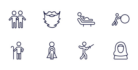 set of people and relation thin line icons. people and relation outline icons such as friends, beard, effort, shepherd, cape, fencing attack, arab woman vector.
