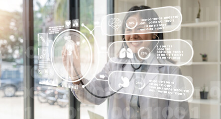Female doctor wearing white suit is working. Digital interface with icon of human body, lungs, heart, bacteria, pill, syringe in foreground. Concept of healthcare and vaccination