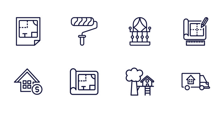 set of real estate industry thin line icons. real estate industry outline icons such as plans, paint roll, technical drawing, real estate, blueprint, tree house, moving truck vector.