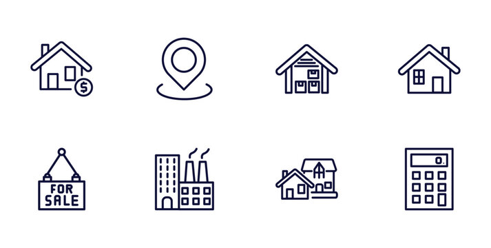 set of real estate industry thin line icons. real estate industry outline icons such as or, map location, property, for sale, industrial park, houses, calculate vector.