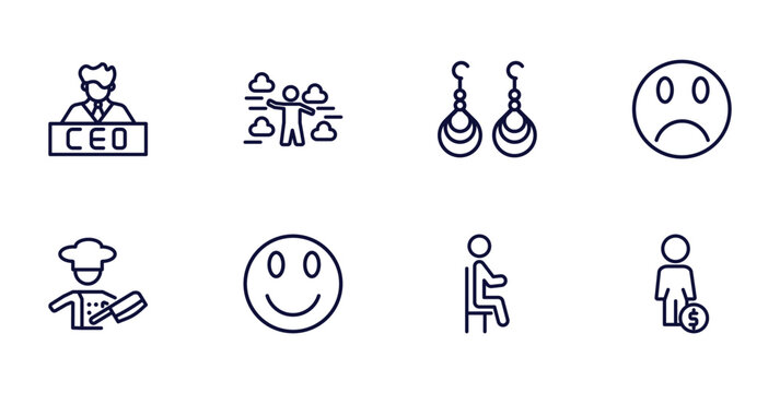 Set Of People Thin Line Icons. People Outline Icons Such As Ceo Man, Weathercaster, Sad Smile, Butcher With Knife, Happy Smile, Sit Down, Man With Money Vector.