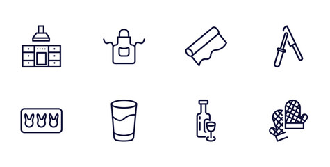 set of kitchen thin line icons. kitchen outline icons such as kitchen, apron, knife sharpener, molded, glass, wine bottle, mitten vector.