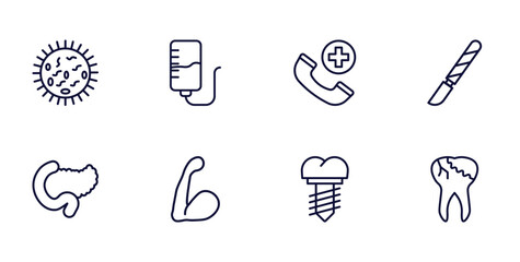 set of medical thin line icons. medical outline icons such as germs, iv, scalpel, pancreas, arm, implants, caries vector.