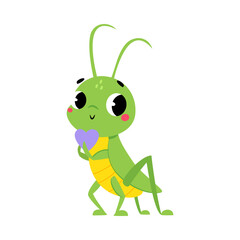Cute Green Grasshopper Character Hold Heart Vector Illustration