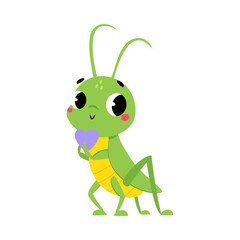 Fototapeta premium Cute Green Grasshopper Character Hold Heart Vector Illustration