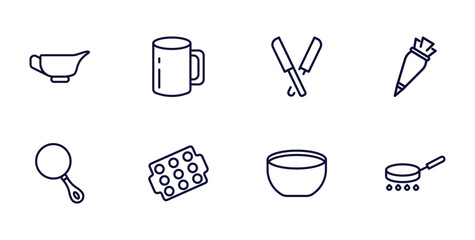 set of kitchen thin line icons. kitchen outline icons such as saucer, mug, pastry bag, skillet, muffin pan, soup bowl, frying pan vector.