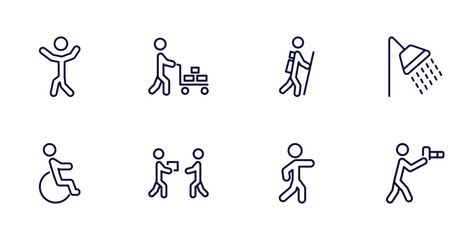 set of humans and behavior thin line icons. humans and behavior outline icons such as man dancing, hotel supplier, showering, wheel chair, give over, man pointing, nature photographer vector.