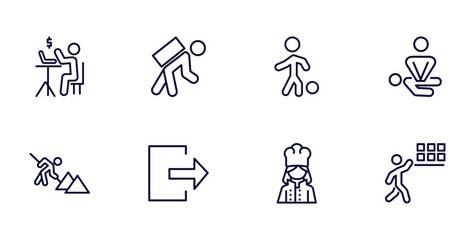 set of humans and behavior thin line icons. humans and behavior outline icons such as online business, carrying on back, cpr, construction worker, out, woman cooking, storekeeper vector.