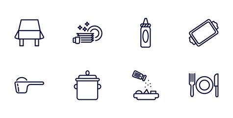 set of kitchen thin line icons. kitchen outline icons such as tablecloth, dishes, tray, scoop, saucepan, seasoning, dinner vector.