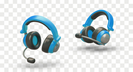 Headset concept. Realistic 3d headphones with microphone. Microphone headset for gamers or workers. Listening music and talking through microphone. Vector illustration in blue colors