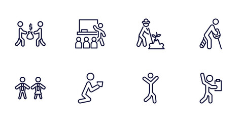 set of humans and behavior thin line icons. humans and behavior outline icons such as people trading, classroom, broken leg, cooker couple, begging, happy man, worker with notepad vector.