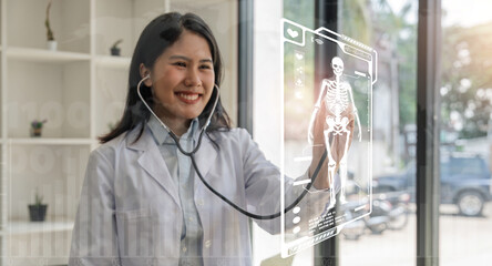 Female doctor wearing white suit is working. Digital interface with icon of human body, lungs, heart, bacteria, pill, syringe in foreground. Concept of healthcare and vaccination