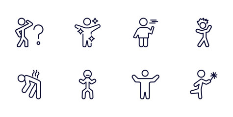 set of feeling and reaction thin line icons. feeling and reaction outline icons such as curious human, fresh human, irritated human, exhausted determined awesome lucky vector.