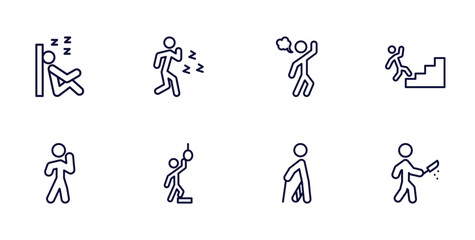 set of feeling and reaction thin line icons. feeling and reaction outline icons such as sleepy human, pissed off human, blah human, proud hopeless hurt awful vector.