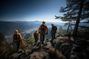 Fototapeta premium High-altitude rescue personnel use rope systems to rescue people in distress. Generated with AI