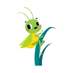 Cute Green Grasshopper Character Climb Grass Blade Vector Illustration