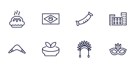 set of culture and civilization thin line icons. culture and civilization outline icons such as meat pie, brazil flag, bo kaap, australian boomerang, gazpacho, indian headdress, brazil carnival mask