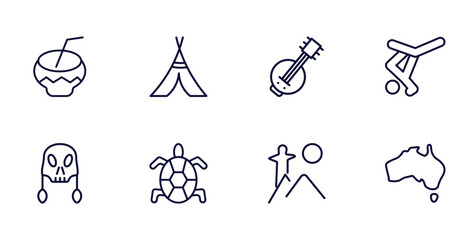 set of culture and civilization thin line icons. culture and civilization outline icons such as kalabas, native american wigwam, capoeira brazil dancers, native american skull, surfing a sea turtle,