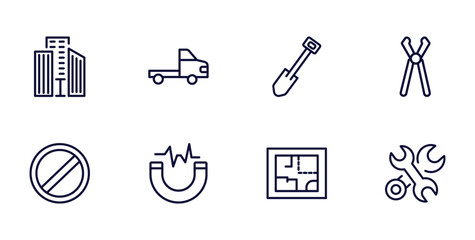set of construction thin line icons. construction outline icons such as big building, trolley truck, inclined clippers, , inclined magnet, house plan,