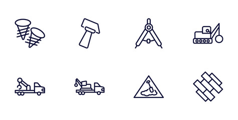 set of construction thin line icons. construction outline icons such as two screws, inclined hammer, , crane truck, truck with crane, working,
