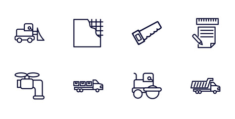 set of construction thin line icons. construction outline icons such as little snowplow, , measures plan, stopcock, truck with load,