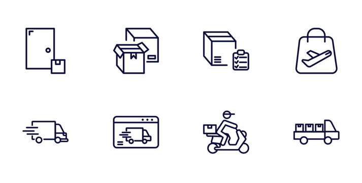 set of delivery and logistics thin line icons. delivery and logistics outline icons such as on door delivery, boxes, duty free, express by website, by motorcycle, cargo vector.