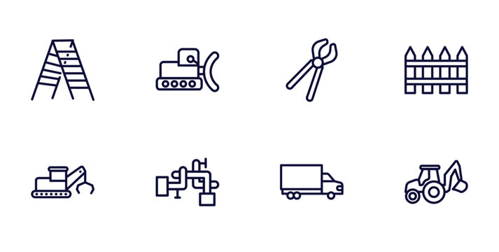 set of construction thin line icons. construction outline icons such as double ladder, bulldozer, garden fence, derrick with tong, adjustment system, truck with freight, backhoes vector.