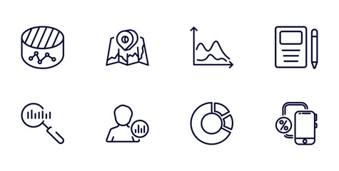 set of business and analytics thin line icons. business and analytics outline icons such as merge charts, 3d location graph, workbook, search analytics, user stats, chart pie, gadget vector.