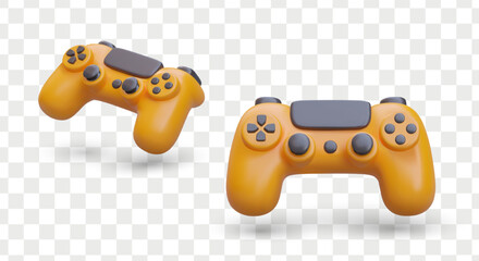 3d game pad in different positions. Device for professional gamers. Play game with remote controller. Modern plastic game joystick. Vector illustration in yellow colors