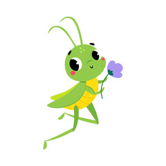 Cute Green Grasshopper Character Holding Flower on Stem Vector Illustration