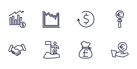 Fototapeta premium set of business and finance thin line icons. business and finance outline icons such as profit report, spike chart, euro under magnifier, shaking hands, man success, pounds money bag, euro coin on