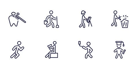 set of behavior and action thin line icons. behavior and action outline icons such as brushing teeth, cleaner man, prune hedge, stick man running, stick man reading, selfie, stick graduated vector.