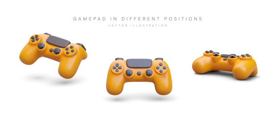 Colorful poster with game pad in different positions. Realistic 3d game controller for video games and e-sports. Play game with remote controller. Vector illustration with place for text © ArtHub02