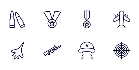 set of military and war and thin line icons. military and war outline icons such as two bullets, medal, plane, jet, bayonet on rifle, military helmet, target vector.