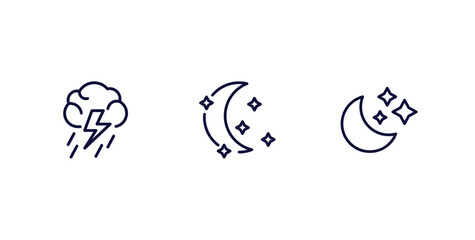 set of weather thin line icons. weather outline icons included thunderstorm, starry night, twilight vector.