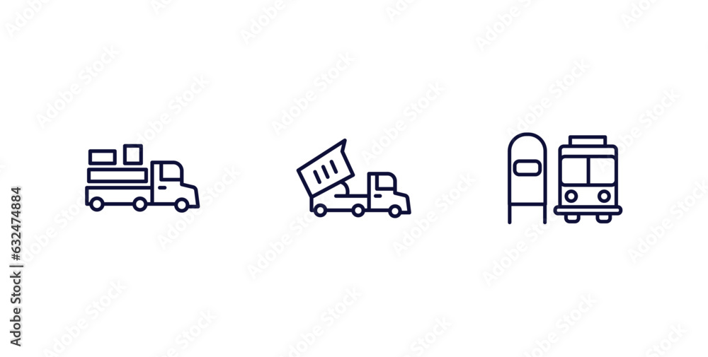 Sticker set of transportation thin line icons. transportation outline icons included loaded truck side view,