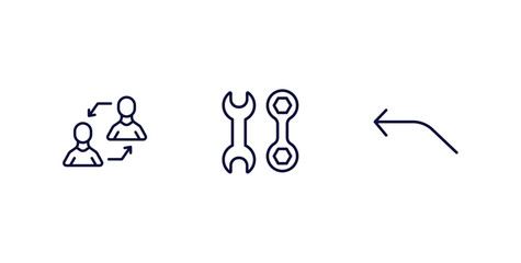 set of user interface thin line icons. user interface outline icons included exchange personel, mechanic tool, curve left arrow vector. - obrazy, fototapety, plakaty