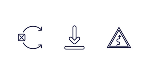 set of user interface thin line icons. user interface outline icons included no tittling, download arrow, curvy road warning vector.