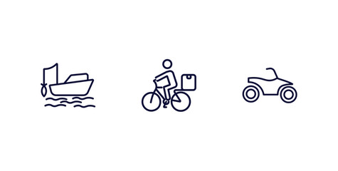 set of transportation thin line icons. transportation outline icons included fishing boat, delivery bike, quad bike vector. © Abstract