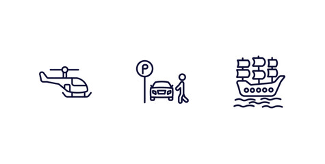 set of transportation thin line icons. transportation outline icons included small helicopter, parking men, galleon vector.