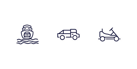 set of transportation thin line icons. transportation outline icons included ferry carrying cars, midget car, go kart vector.