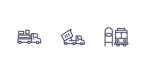 set of transportation thin line icons. transportation outline icons included loaded truck side view, heavy vehicle, scholar bus stop vector.