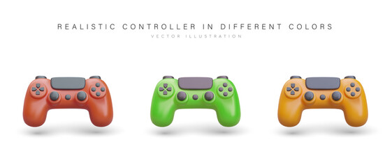 Set of modern game controllers. Realistic image of computer device. Gadgets in different colors. Controller with buttons, regulators. Vector console gamepad © ArtHub02